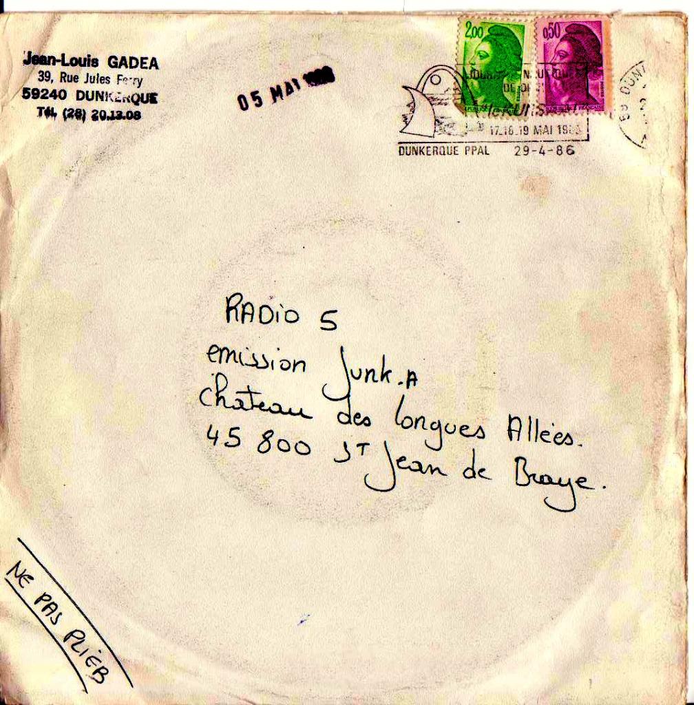 enveloppe d'une pochette disque envoyé à Radio 5 en 1986